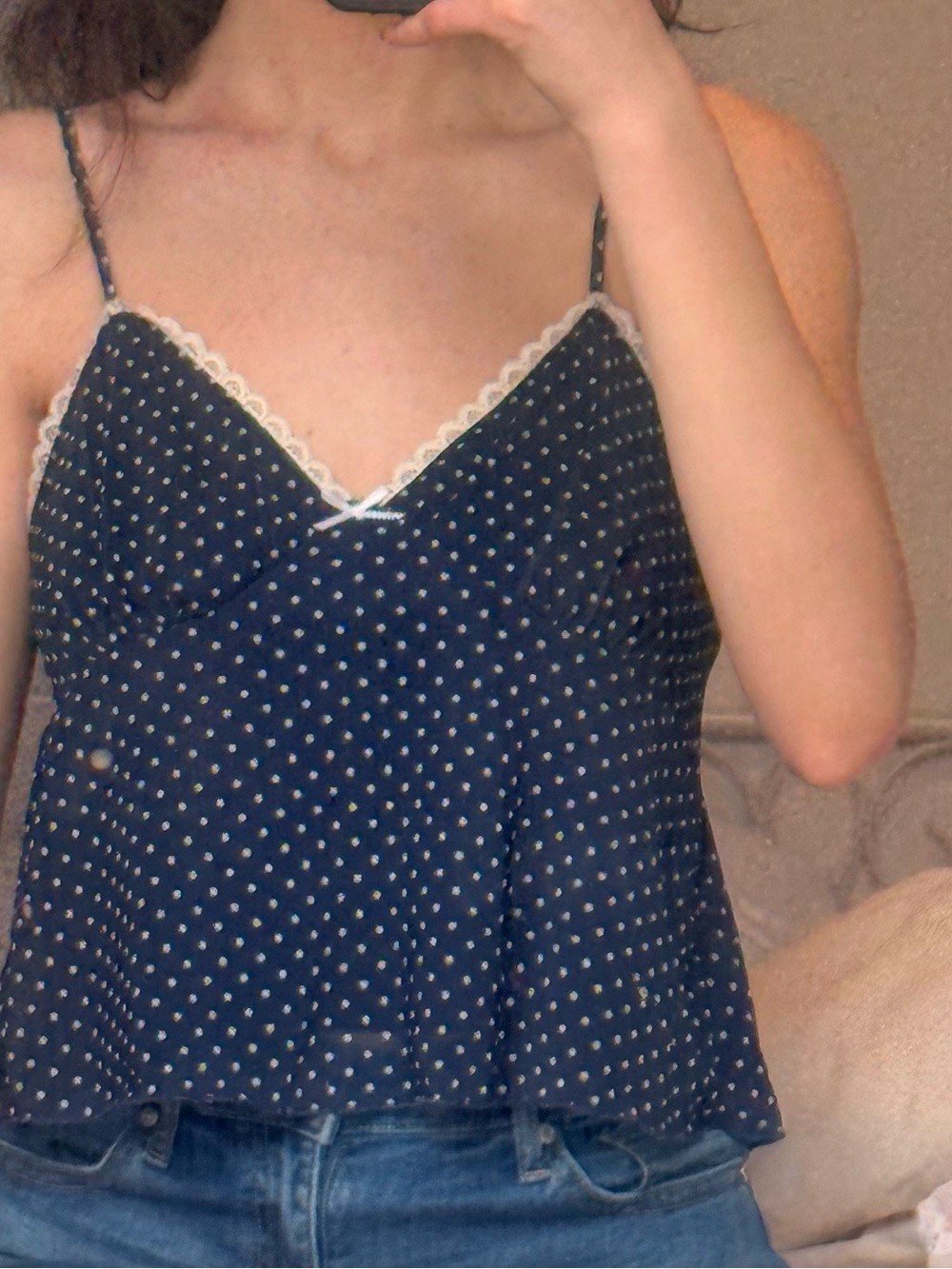 Navy Polka Dot Lace-Trim Cami Tank Top